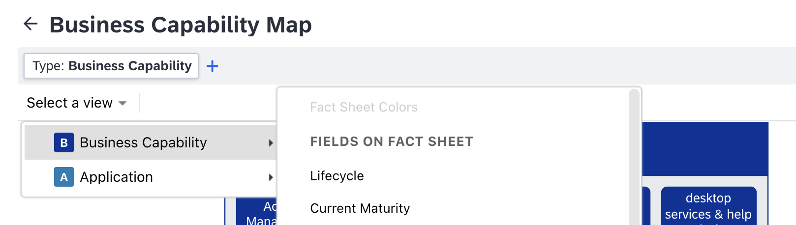 Application Landscape in LeanIX: pick a view and color Fact Sheets by a field (e.g., Lifecycle) — the diagram is a query over the inventory, not a drawing.