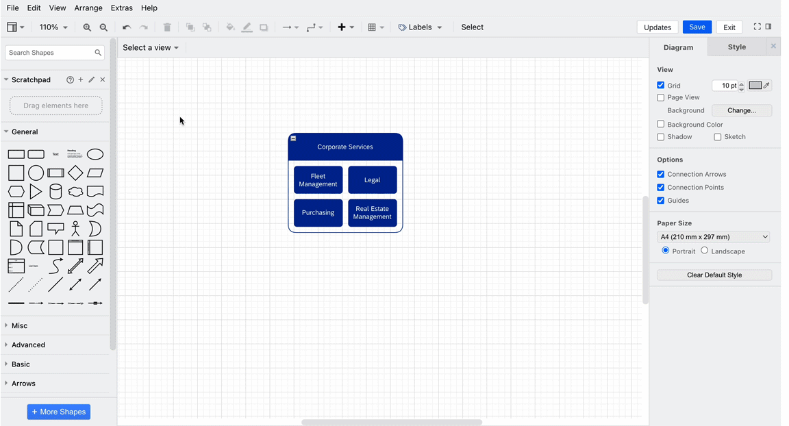 Free Draw: a free-form canvas to sketch architecture with shapes, containers and layers — and drag real Fact Sheets into the drawing.